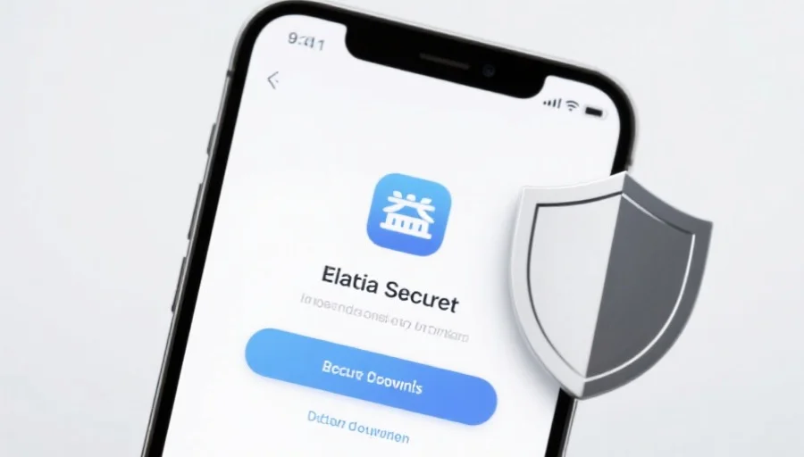 一部现代智能手机屏幕上显示意昂5应用的安全下载界面，旁边有安全盾牌图标，背景简洁