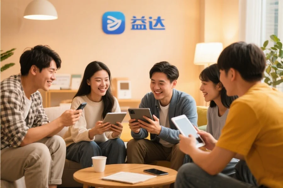 一群年轻用户围坐在一起，使用平板和手机愉快地交流，背景温馨现代，象征意昂5应用的社区活跃氛围